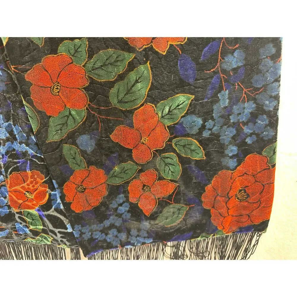 Vintage Art Deco Silk and Rayon Burnout Velvet Scarf with Fringed Ends